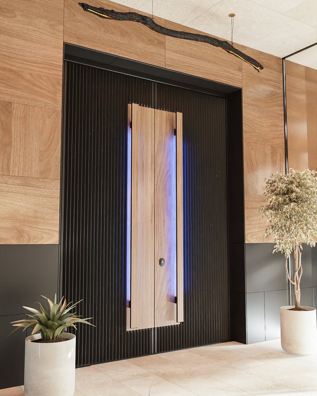 TINNO Layered Wood & Metal Entry Doors | Modern Sophistication with Ambient Ligh