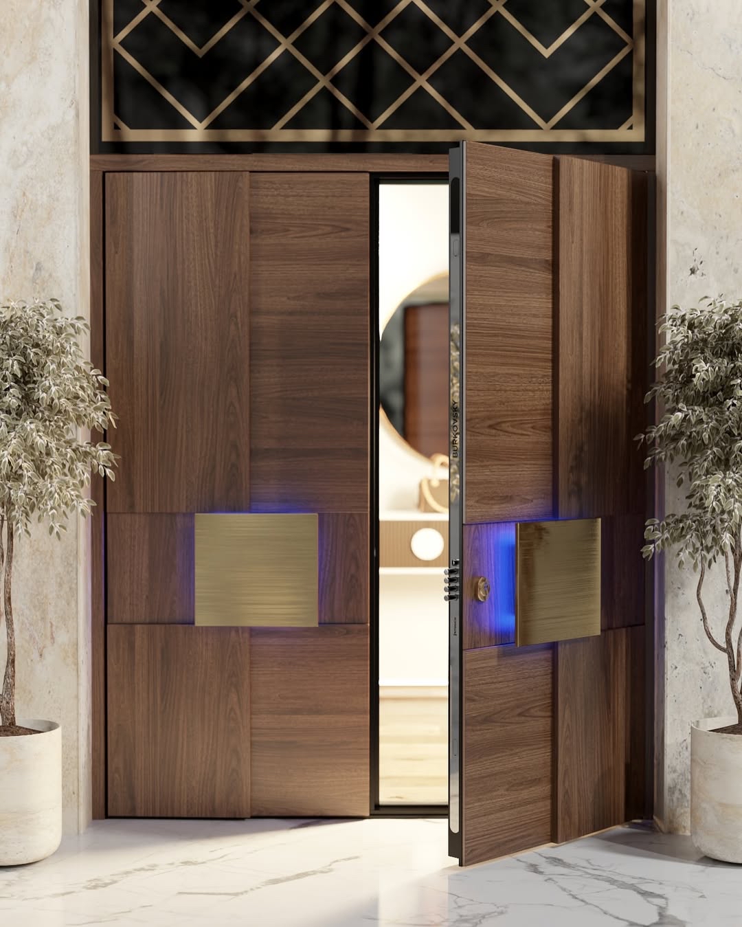TINNO Wood & Metal Panel Entry Doors | Timeless Luxury with Smart Ambient Lighti