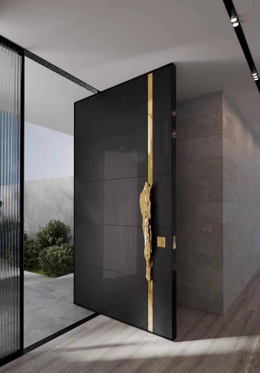 TINNO Artistic Gold Accent Entry Doors | Sculptural Luxury for Modern Interiors