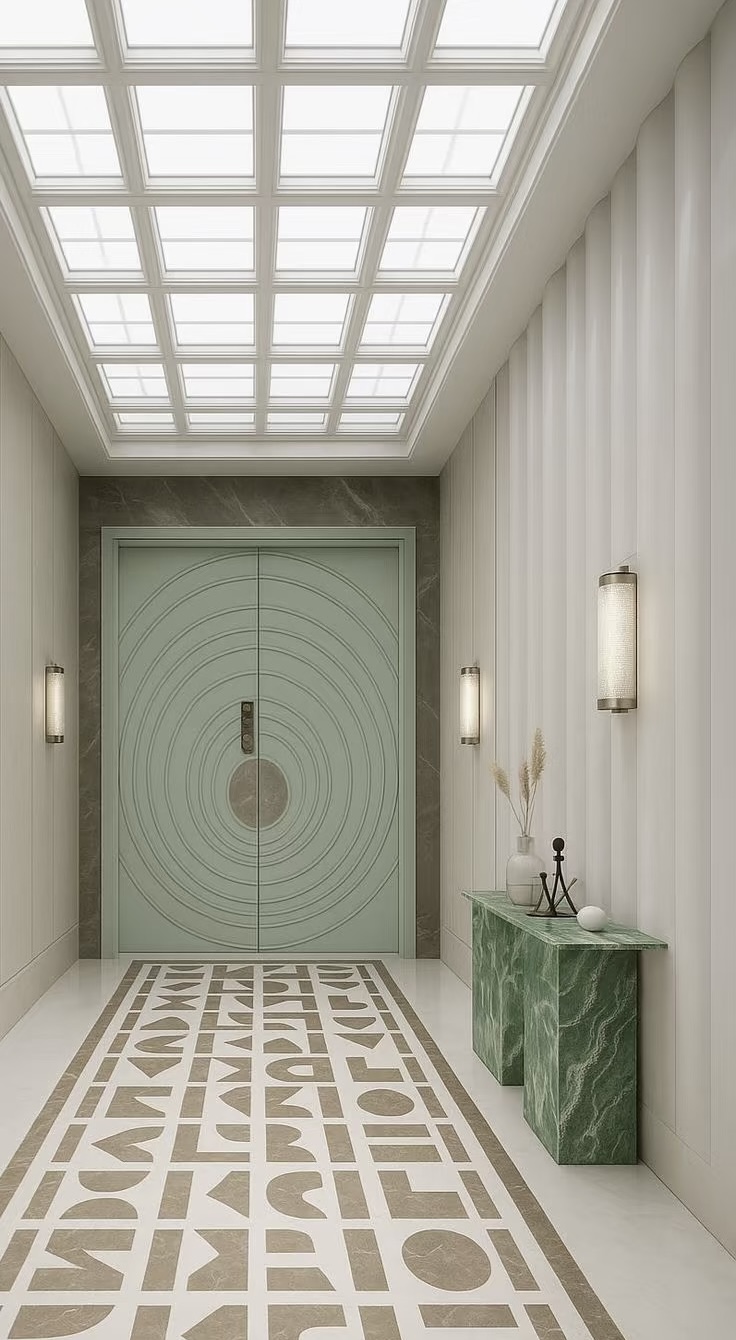 TINNO Mint Green Circular Pattern Entry Doors | Art Deco Elegance for Modern Int