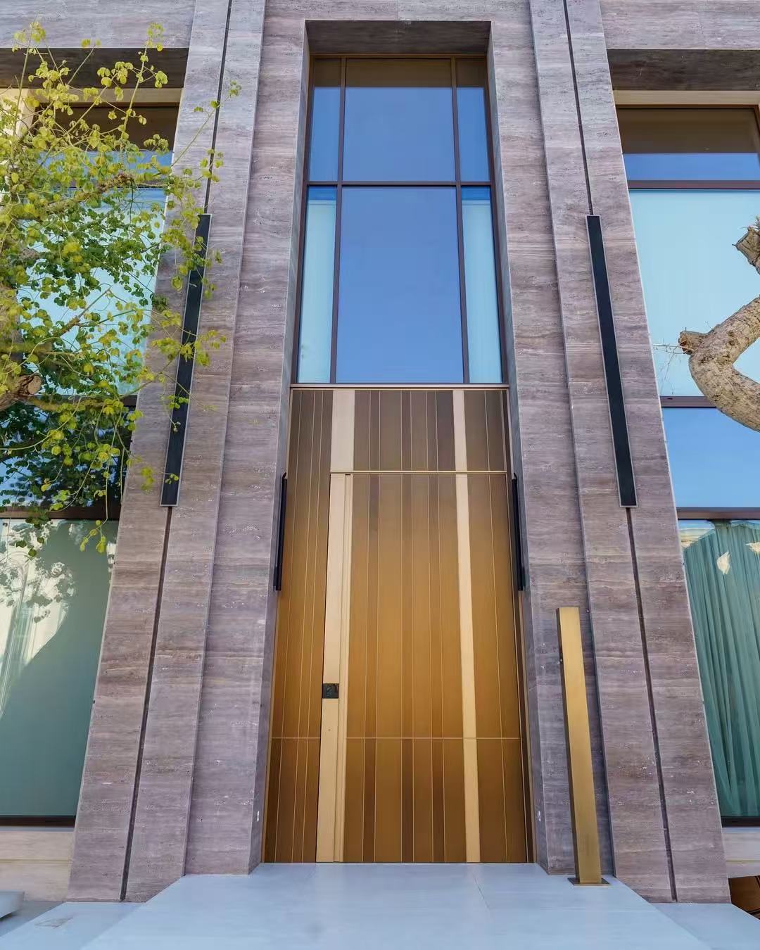 TINNO Brushed Gold Vertical Slat Entry Doors | Modern Luxury for High-End Reside