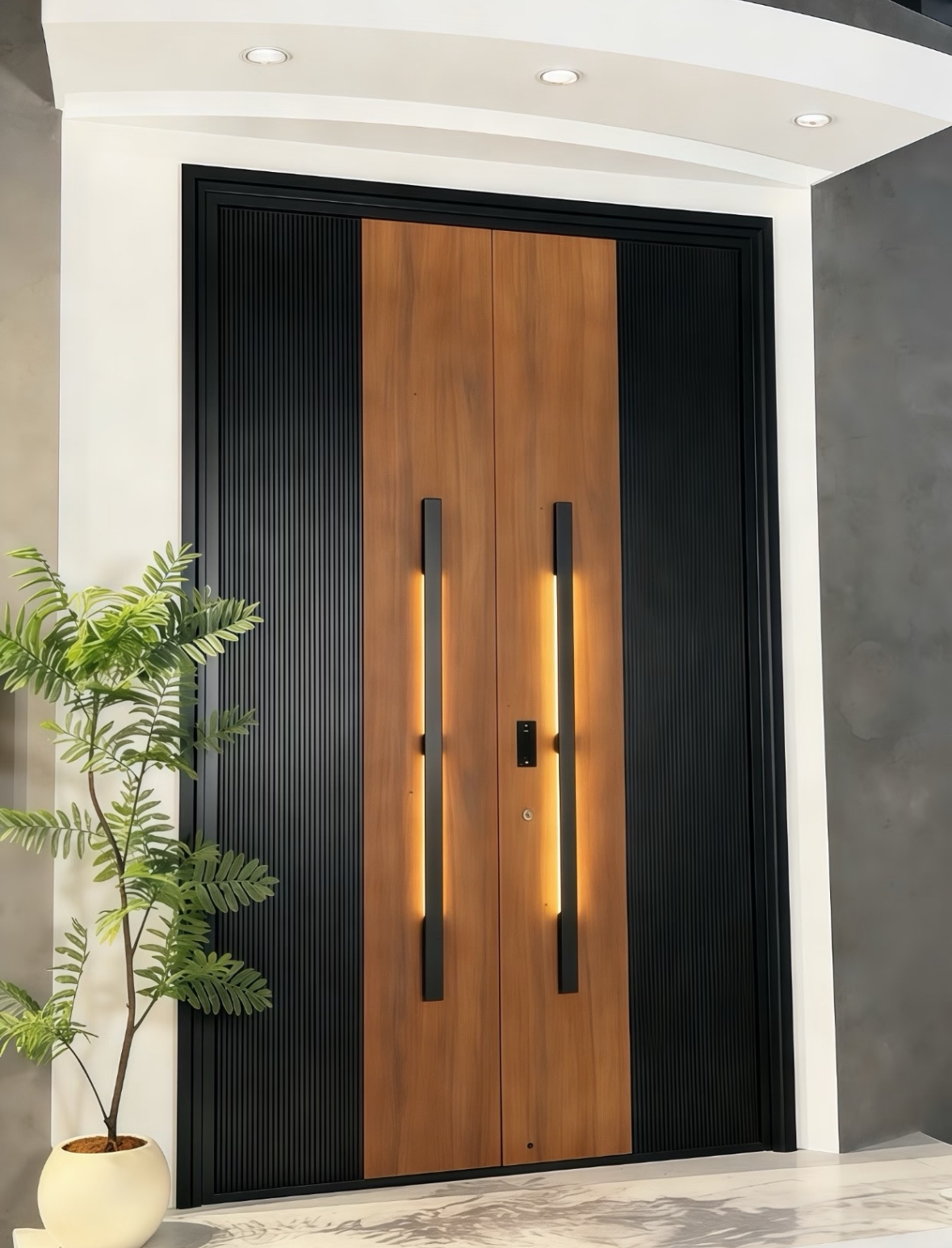 TINNO Wood & Black Fluted Double Entry Doors | Modern Warmth with Statement Ligh