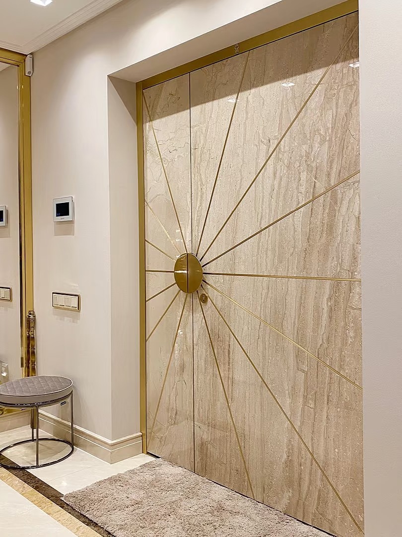 TINNO Marble & Gold Sunburst Entry Doors | Opulent Art Deco Elegance