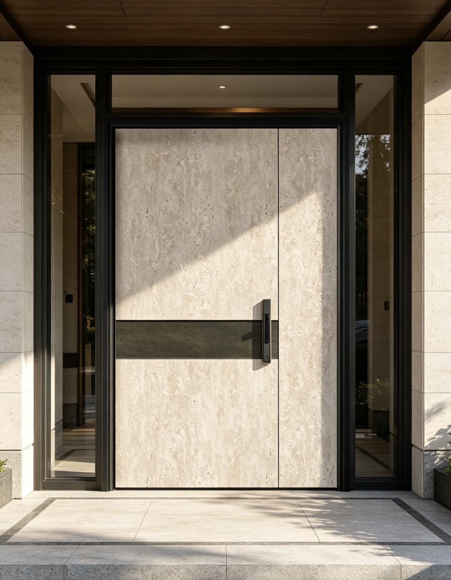 TINNO Travertine & Dark Stone Entry Door | Sleek Modern Natural Luxury