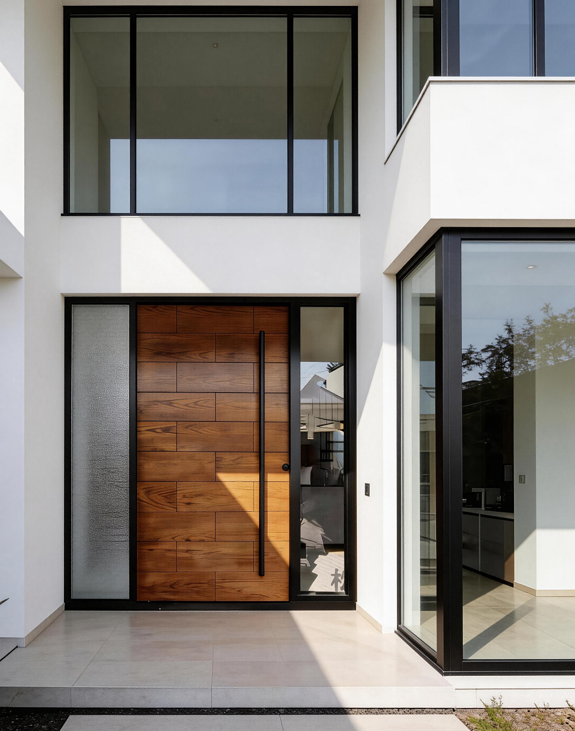 TINNO Modern Wood & Black Frame Entry Door | Warm Minimalist Luxury
