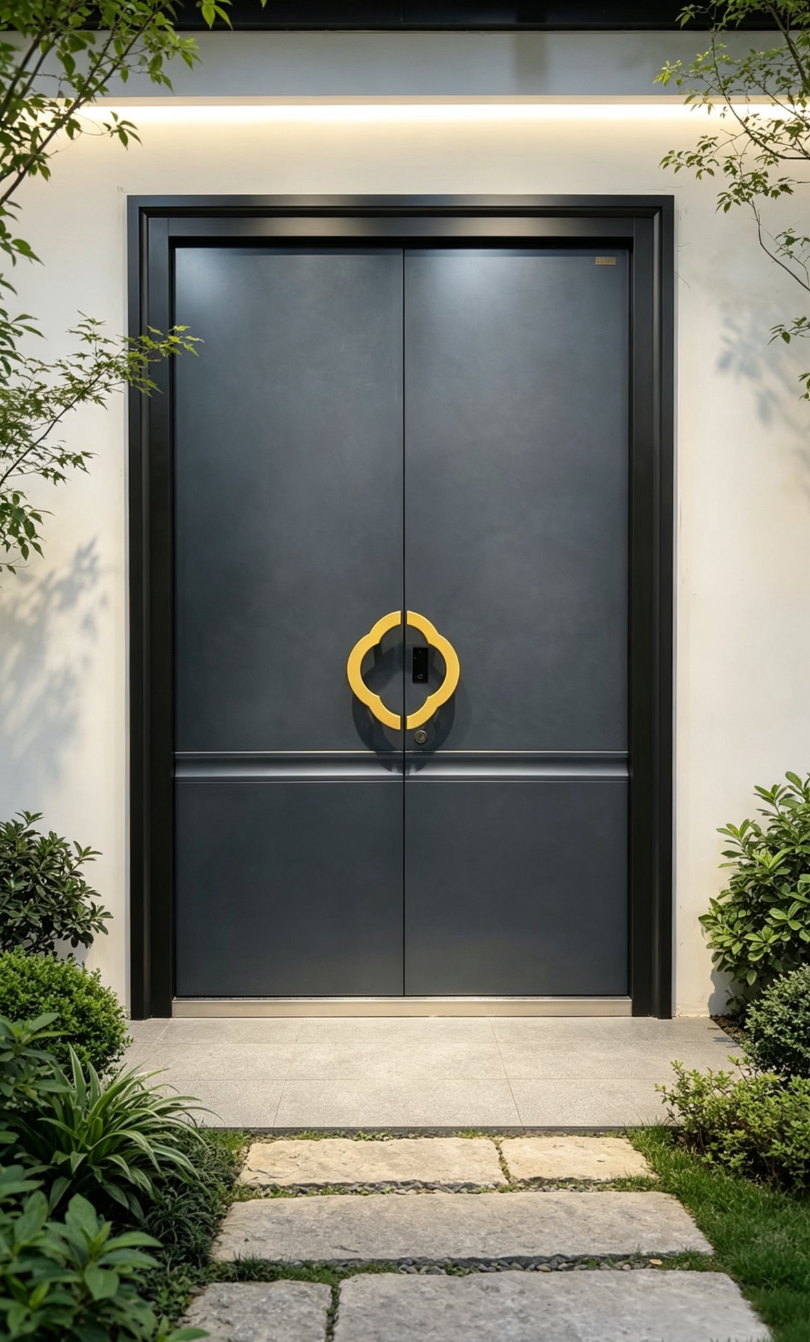 TINNO Matte Black Double Door with Golden Quatrefoil Handle | Modern East Asian 