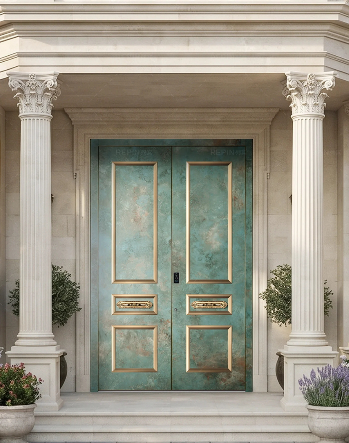 TINNO Verdigris Patina Double Door with Gold Accents | Classic European Luxury