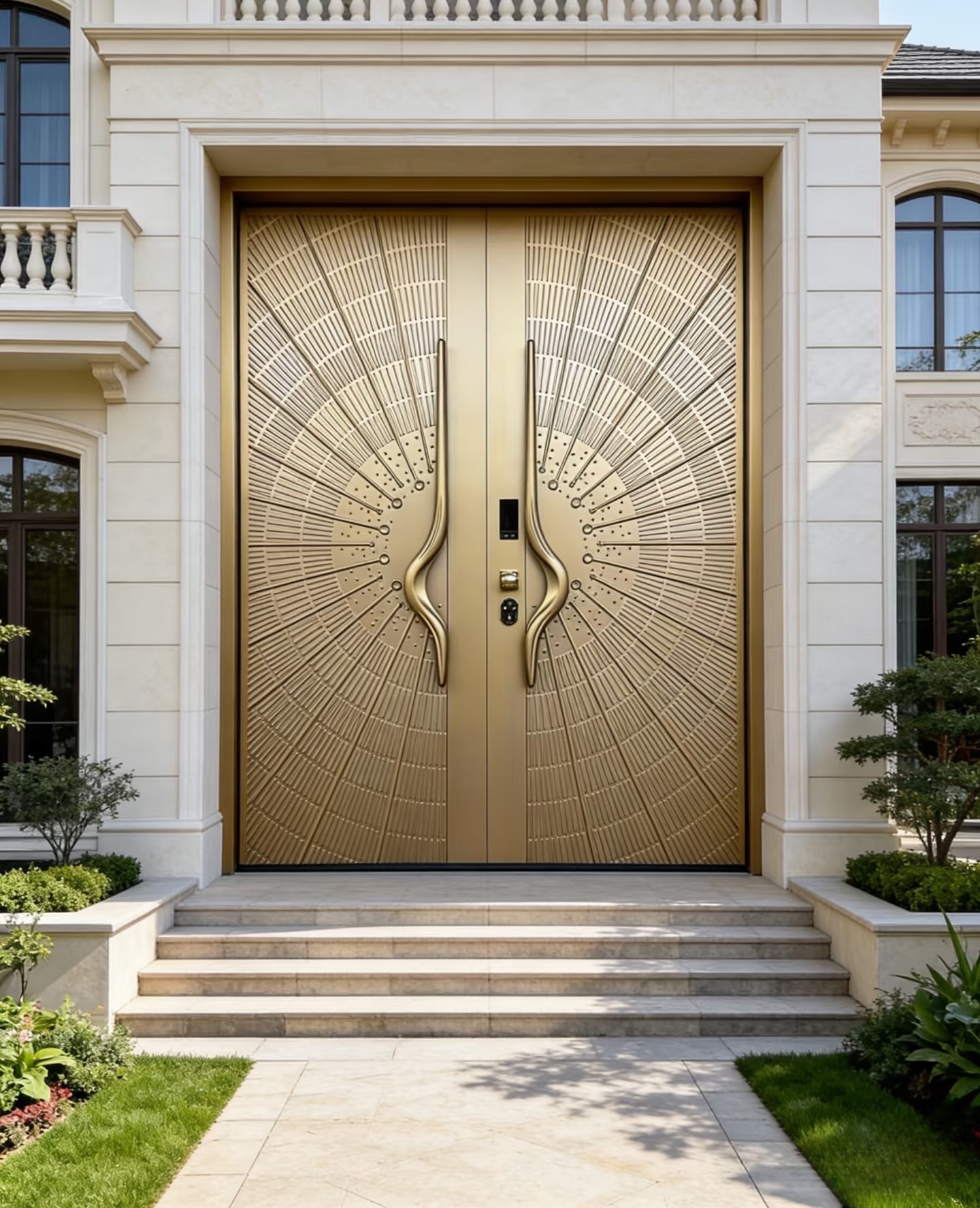 TINNO Golden Sunburst Brass Double Door | Opulent Luxury Villa Entry