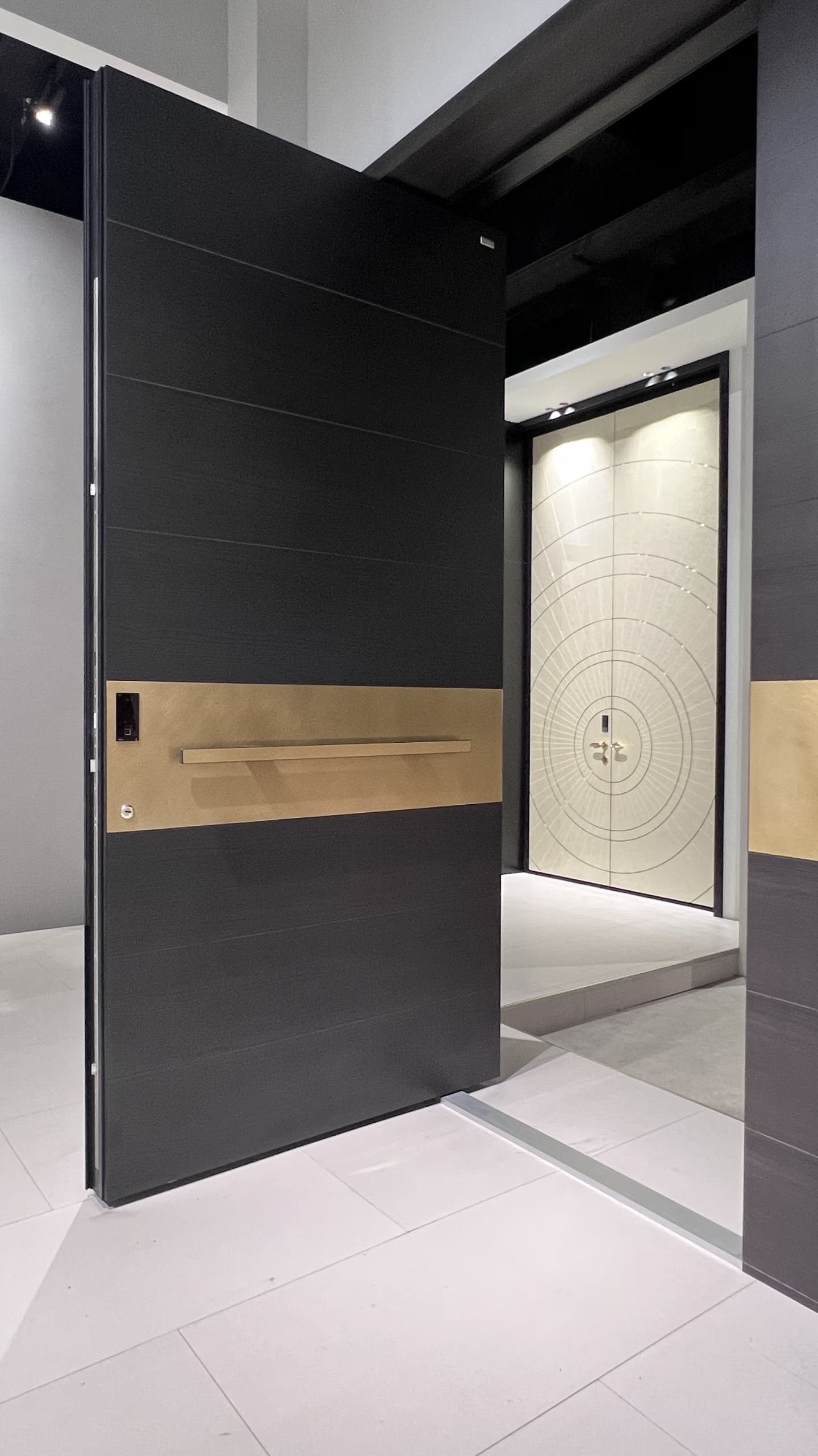 TINNO Modern Pivot Door: Sleek Black with Brushed Gold Accents