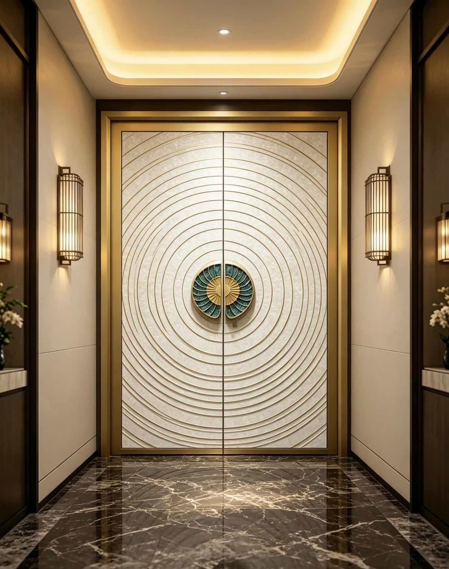 TINNO Concentric Line Inlaid Fan Ornament System Entry Door for New Chinese